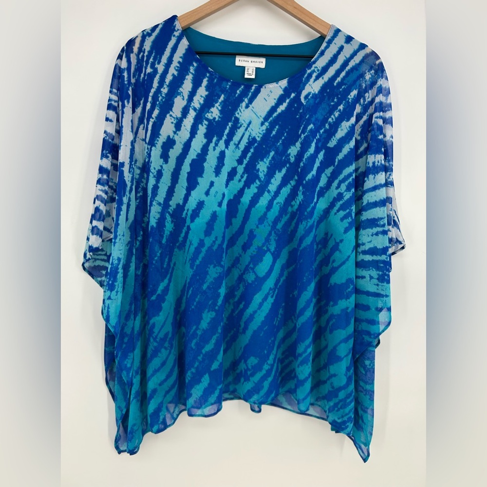 Susan Graver Blue Ombre Round Neck Lined Geo Cold‎ Shoulder Blouse Small
